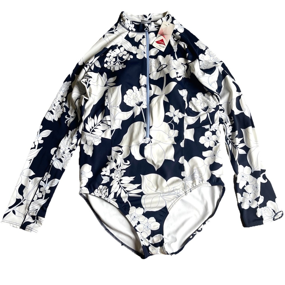 Lands End Modest Long Sleeve Swimsuit Sz 16 Floral Front Zip Mock Neck NWT**